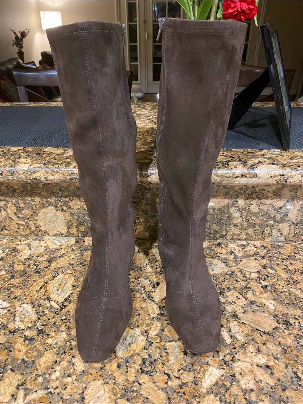 Women's  Knee- Length Faux Suede Boots - Dark Brown